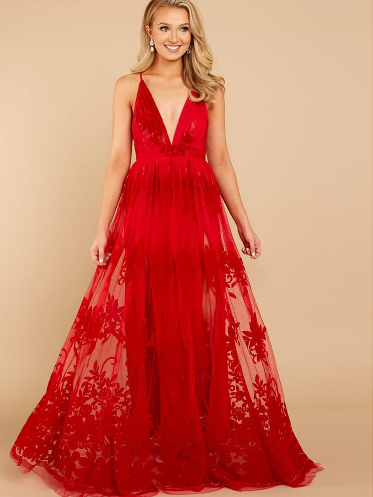 Vestido de Festa Vermelho Longo com Sobreposição Bordada