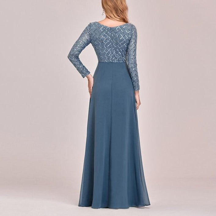 Vestido de Festa Longo Azul Empoeirado com Detalhes Paetês (Pronta Entrega)