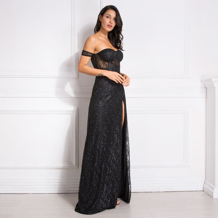 Vestido de Festa Longo com Fenda e Transparência Preto