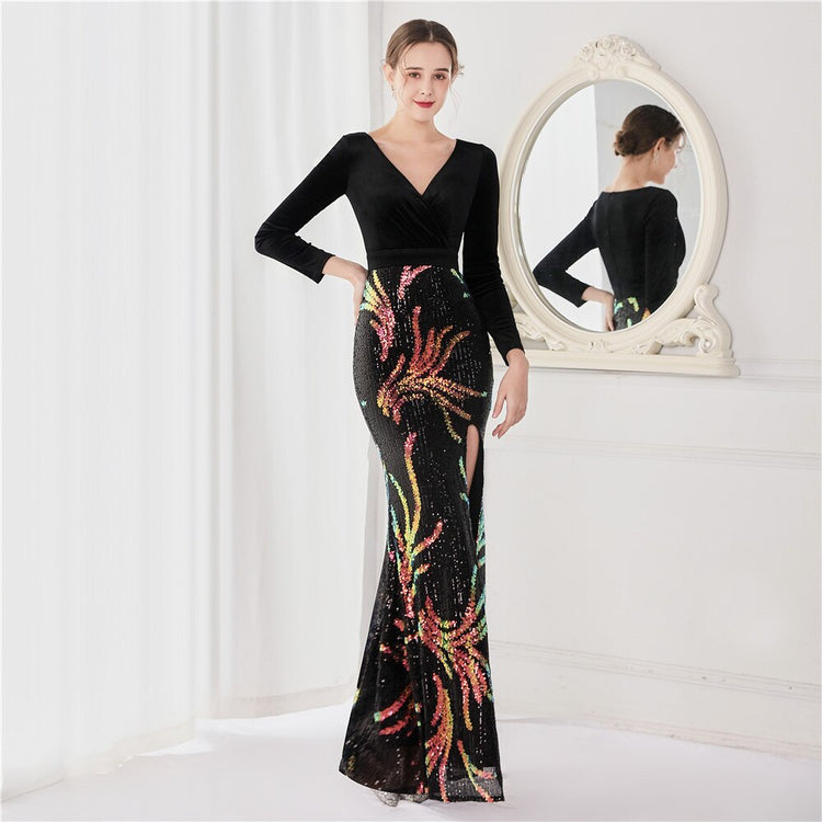 Vestido de Festa Luxo Sereia com Paetês Bordados Preto