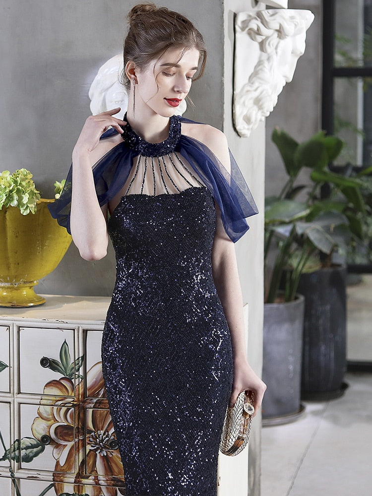 Vestido De Festa Longo Com Decote Em Tule Azul Marinho