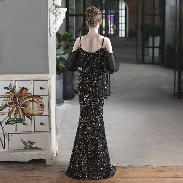 Vestido de Festa Longo Sereia Brilho com Manga e Renda Preto