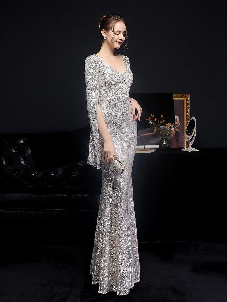 Vestido de Festa Longo Sereia Cristal com Manga Solta Prata