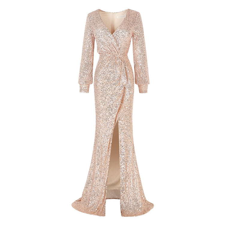 Vestido de Festa Longo com Abertura Lateral com Decote Champagne