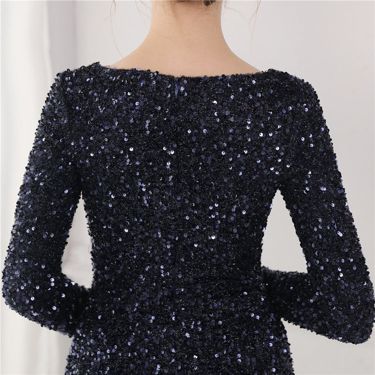 Vestido de Festa Longo Luxo Todo Detalhado em Paetês Azul Marinho