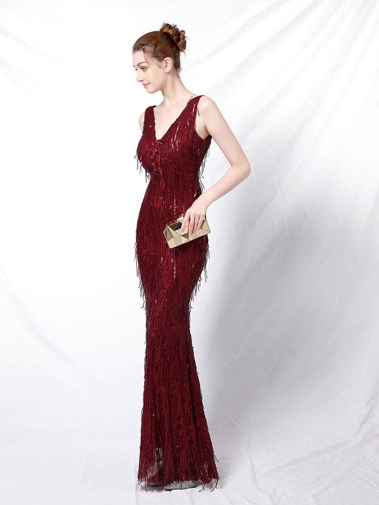 Vestido de Festa Longo Sereia Brilho Bordado Marsala