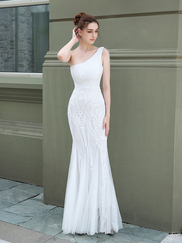 Vestido de Festa Ombro Único em Tule com Bordados Paetês Branco