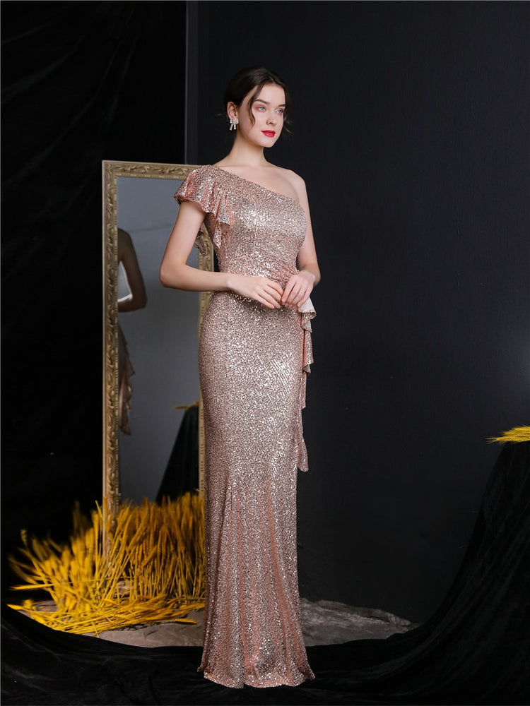 Vestido de Festa Longo com Abertura Bordada Brilho Dourado