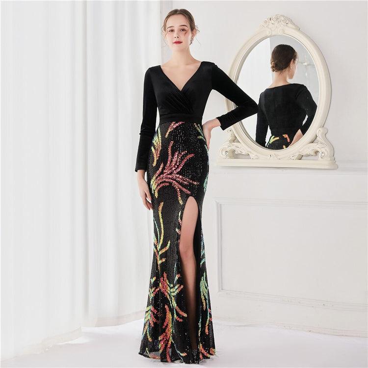 Vestido de Festa Luxo Sereia com Paetês Bordados Preto