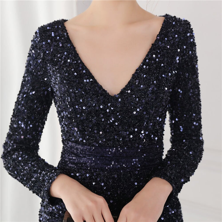 Vestido de Festa Longo Luxo Todo Detalhado em Paetês Azul Marinho