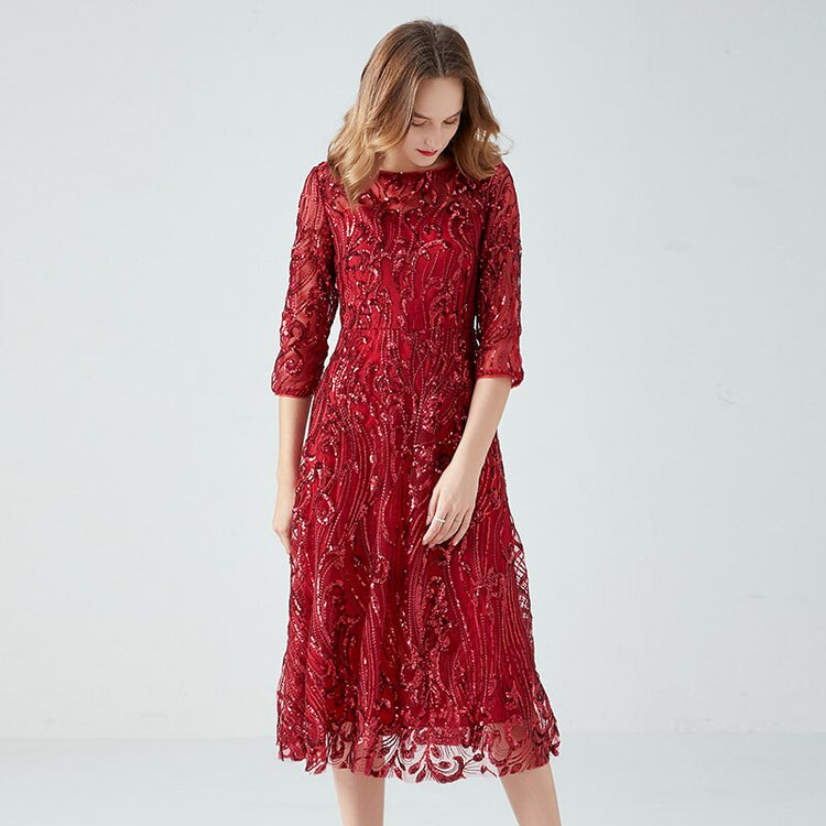 Vestido de Festa Marsala Luxo Midi com Detalhes Paetês