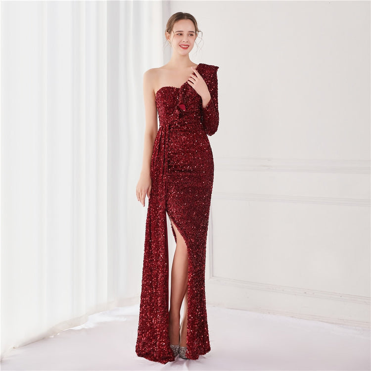 Vestido de Festa Longo com Babados Assimétricos Marsala