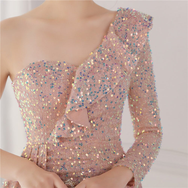 Vestido de Festa Longo com Babados Assimétricos Rosé