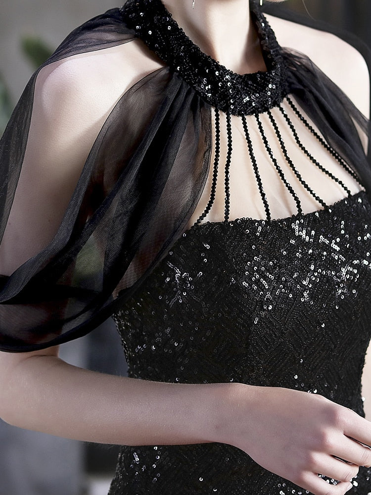 Vestido De Festa Longo Com Decote Em Tule Preto