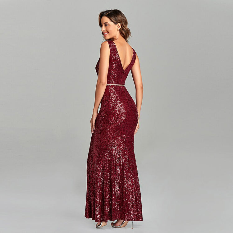 Vestido de Festa Marsala Longo Elegante Brilho
