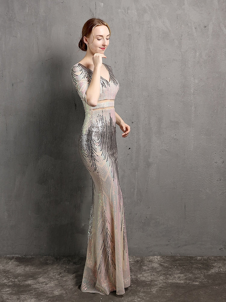 Vestido de Festa Longo Sereia Chiffon Brilho Prata