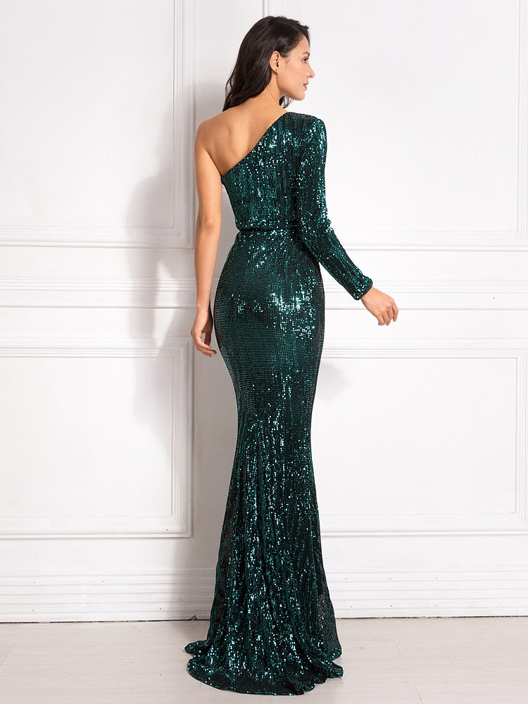 Vestido de Festa com Tecido em Dupla Camada e Brilho Verde