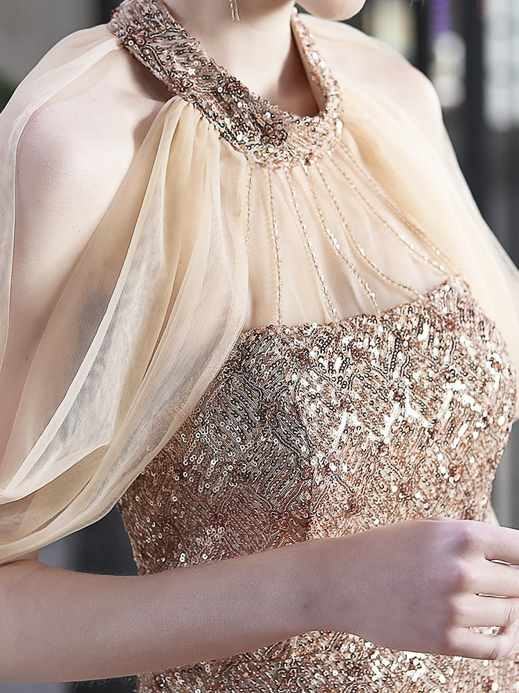 Vestido De Festa Longo Com Decote Em Tule Dourado