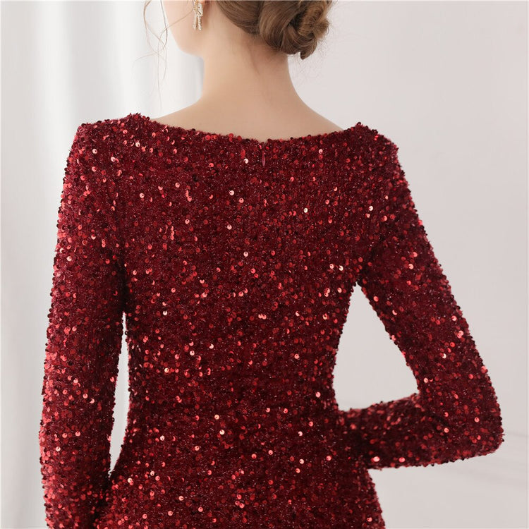Vestido de Festa Longo Luxo Todo Detalhado em Paetês Marsala