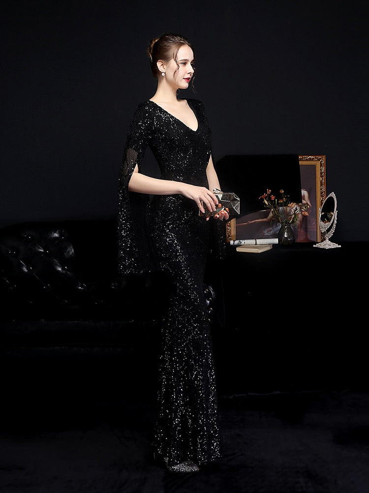 Vestido de Festa Longo Sereia Cristal com Manga Solta Preto