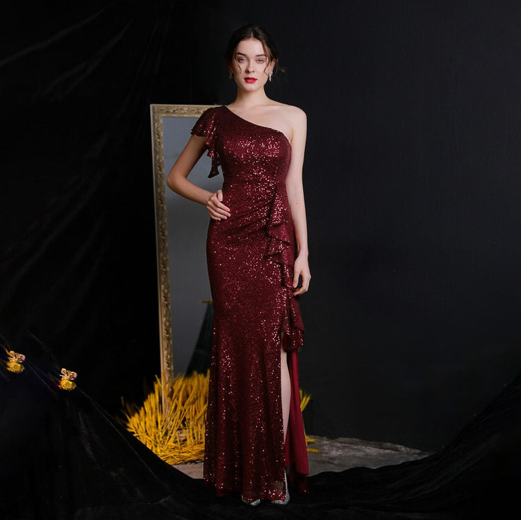 Vestido de Festa Longo Assimétrico com Detalhes Babados Marsala