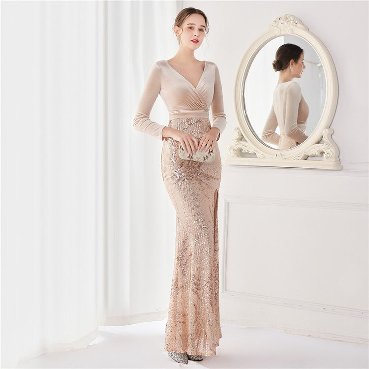 Vestido de Festa Luxo Sereia com Paetês Bordados Dourado