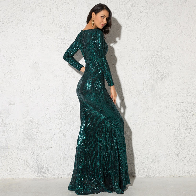 Vestido de Festa Longo Elegante com Manga Verde