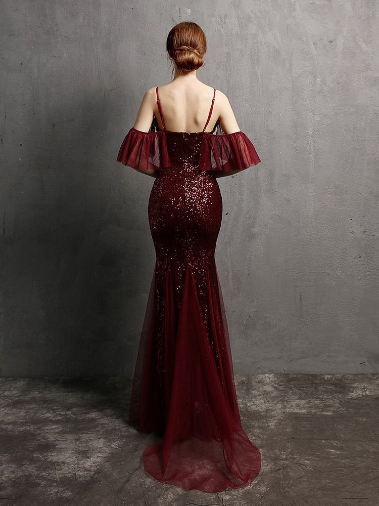 Vestido de Festa Longo Elegante com Manga com Renda Marsala