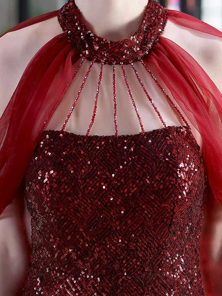 Vestido De Festa Longo Com Decote Em Tule Marsala