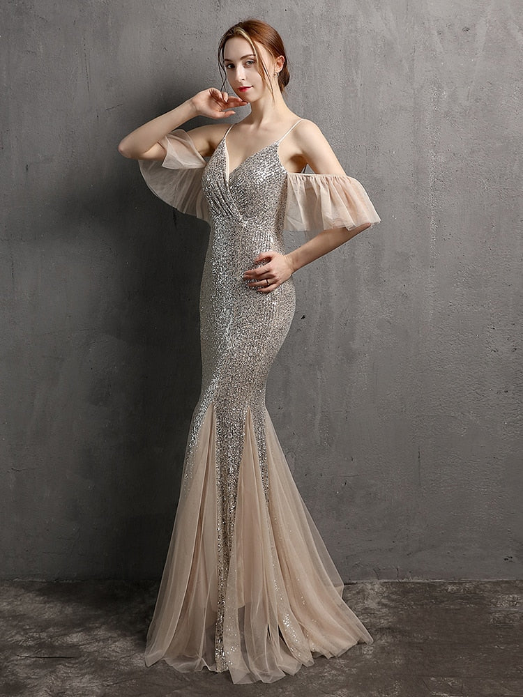 Vestido de Festa Longo Elegante com Manga com Renda Prata