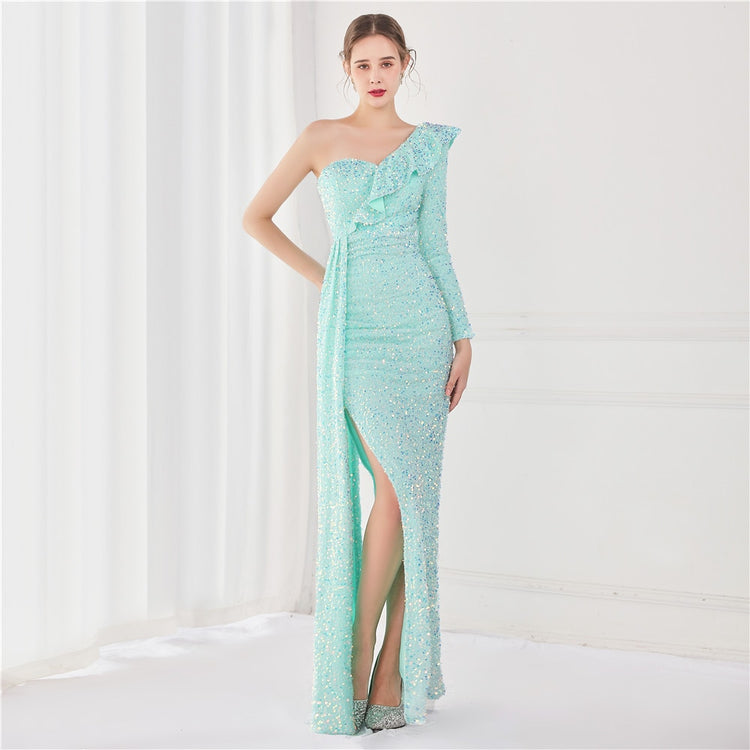 Vestido de Festa Longo com Babados Assimétricos Azul Tiffany