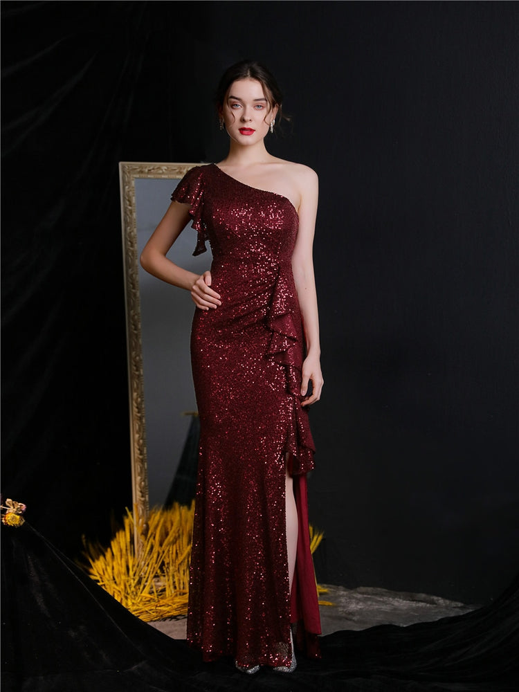 Vestido de Festa Longo com Abertura Bordada Brilho Marsala