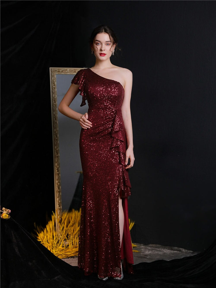 Vestido de Festa Longo Assimétrico com Detalhes Babados Marsala