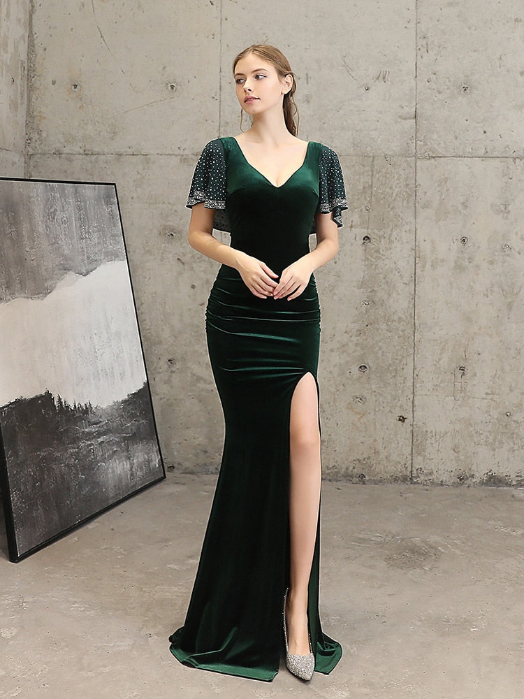 Vestido de Festa Longo com Abertura Lateral Verde Escuro