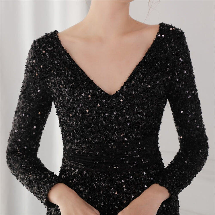 Vestido de Festa Longo Luxo Todo Detalhado em Paetês Preto