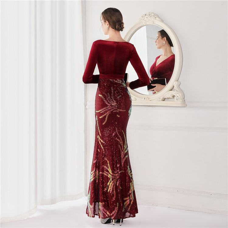 Vestido de Festa Luxo Sereia com Paetês Bordados Marsala