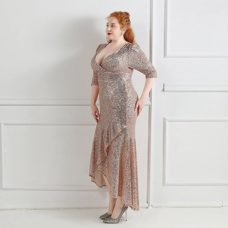Vestido de Festa Midi com Tecido Brilho e Babados Dourado