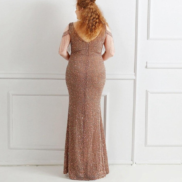 Vestido de Festa Longo Manga Borla Dourado