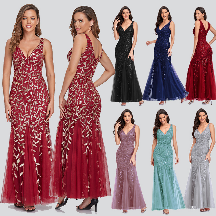 Vestido de Festa Longo Sereia com Detalhes Brilho Bordados Marsala Dourado