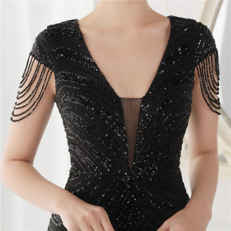 Vestido de Festa Luxo Sereia com Detalhes Paetês Preto