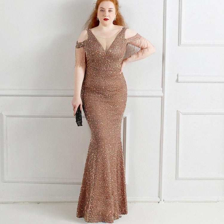Vestido de Festa Longo Manga Borla Dourado
