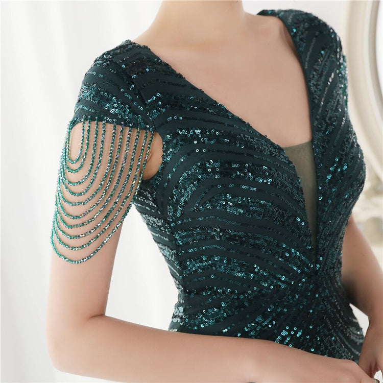 Vestido de Festa Luxo Sereia com Detalhes Paetês Verde