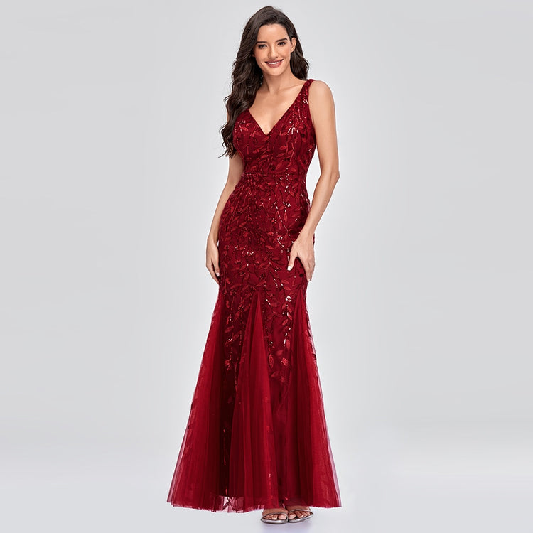 Vestido de Festa Longo Sereia com Detalhes Brilho Bordados Marsala