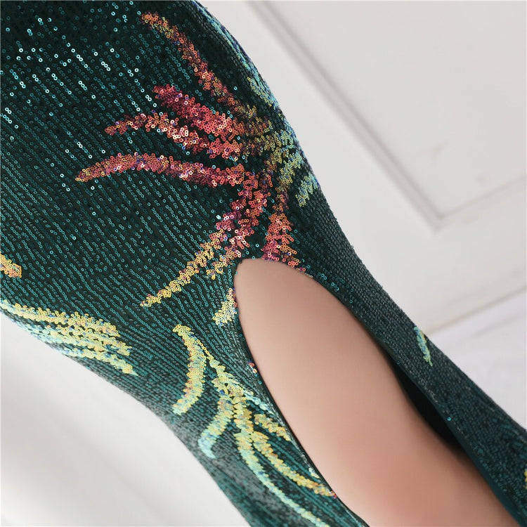 Vestido de Festa Luxo Sereia com Paetês Bordados Verde