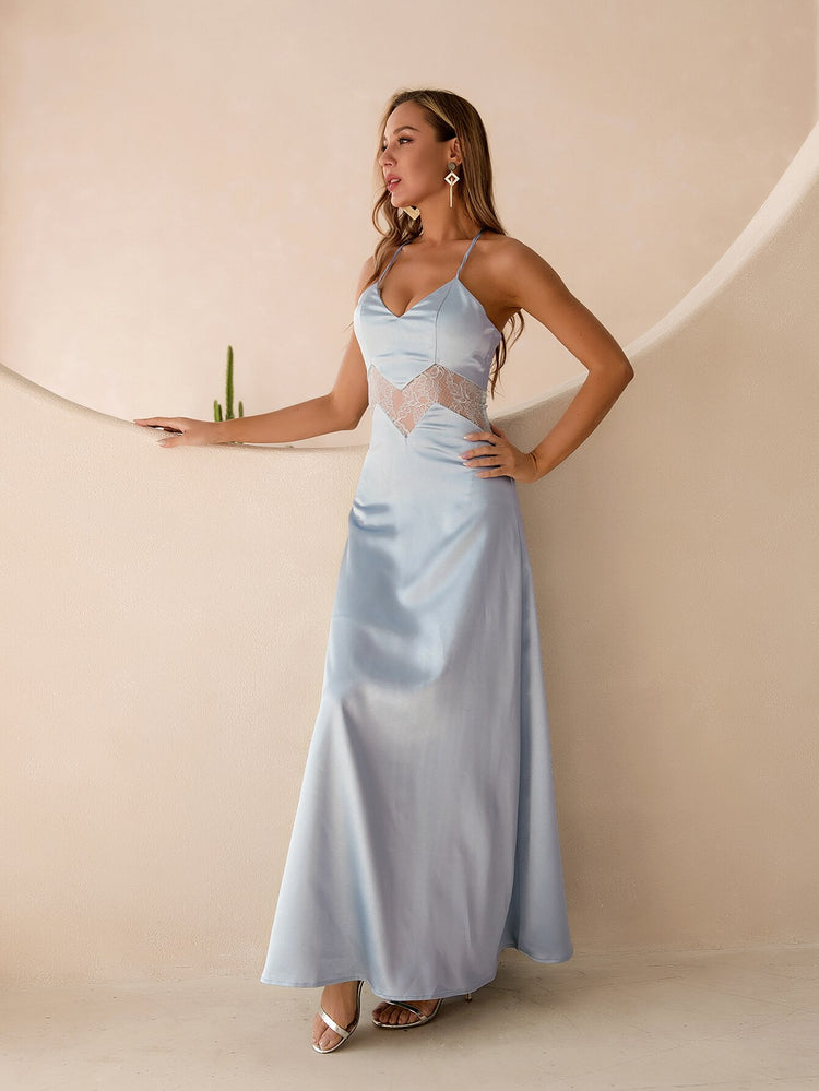 Vestido de Festa Longo com Renda de Contraste Azul Serenity