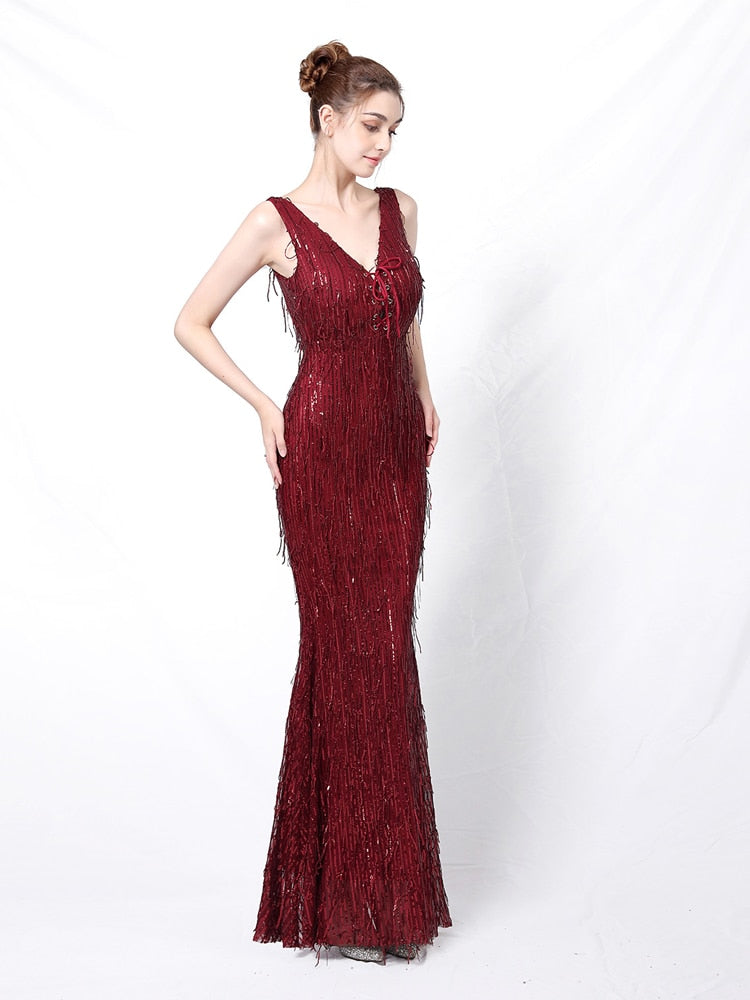 Vestido de Festa Longo Sereia Brilho Bordado Marsala