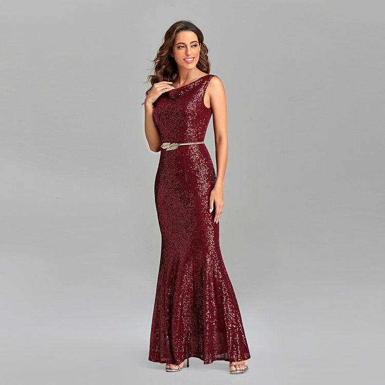 Vestido de Festa Marsala Longo Elegante Brilho