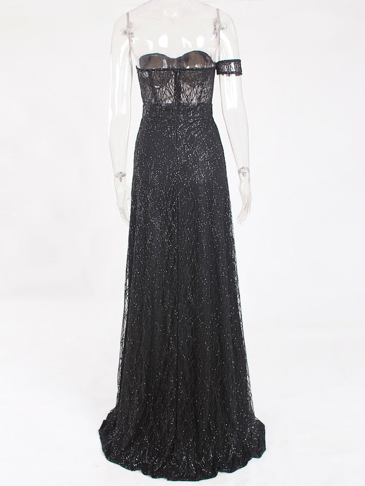 Vestido de Festa Longo com Fenda e Transparência Preto