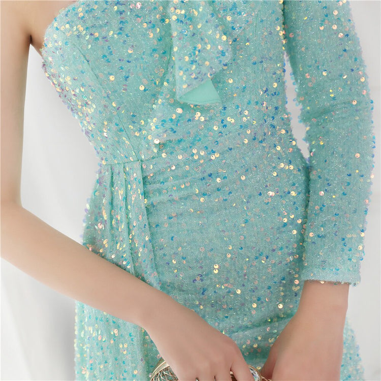 Vestido de Festa Longo com Babados Assimétricos Azul Tiffany