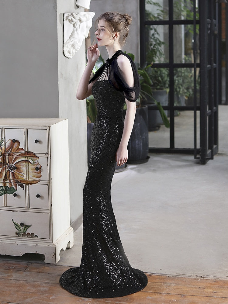 Vestido De Festa Longo Com Decote Em Tule Preto
